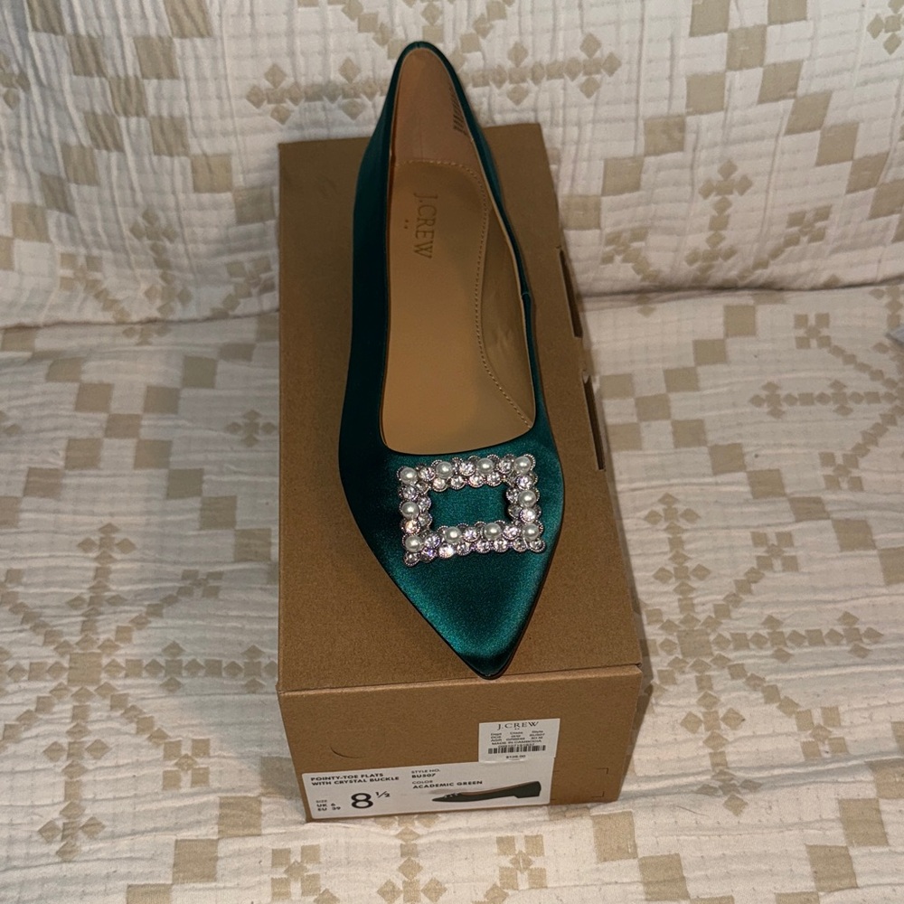 NIB J. Crew Factory Satin Flats with Crystal Buckle